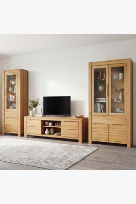 Wohnwand Eiche massiv mit Vitrinen und TV-Kommode naturholz